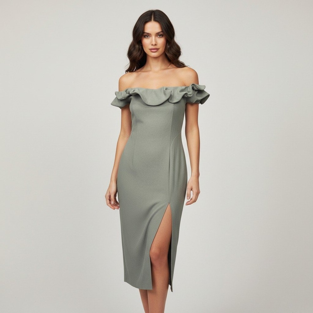 Elliatt Sage Green Ruffle Off Shoulder Formal Midi Dress E4102310 Size Large